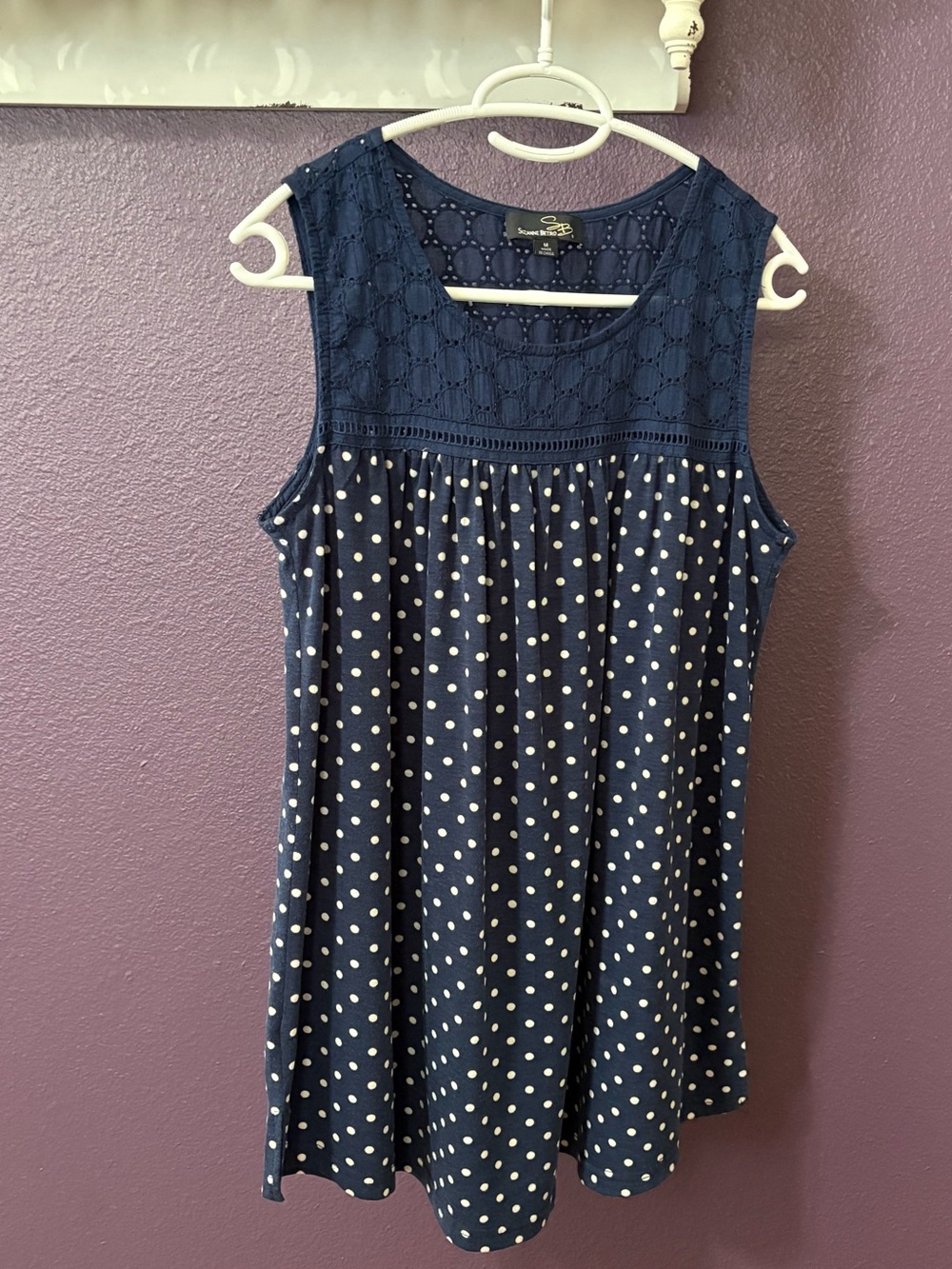 Suzanne Betro Navy and White Polka Dot Sleeveless Tunic